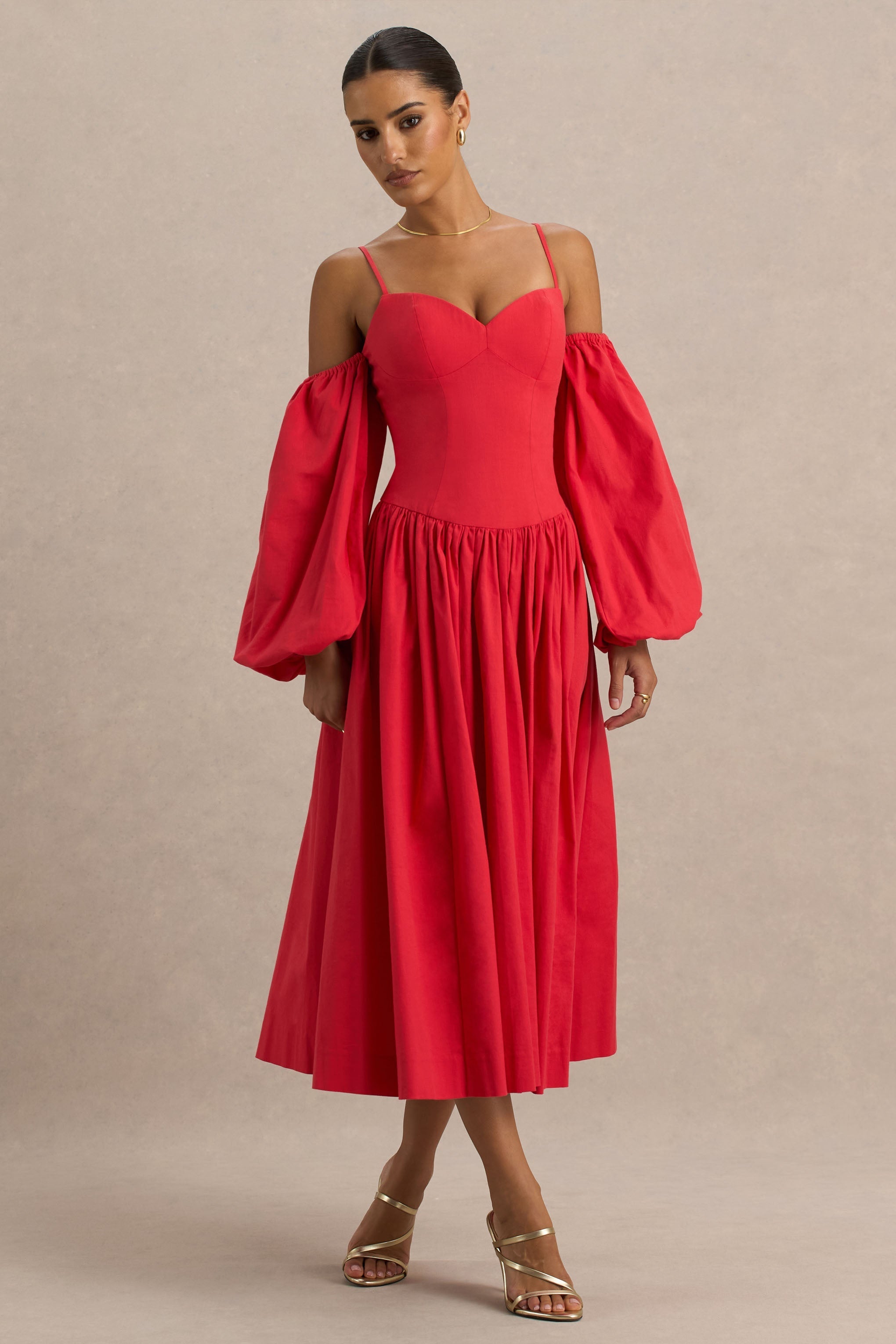 Macie | Red Sweetheart Midi Dress With Balloon Sleeves