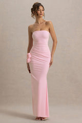 My Muse | Pink Ruched Bandeau Split Maxi Dress With Flowers