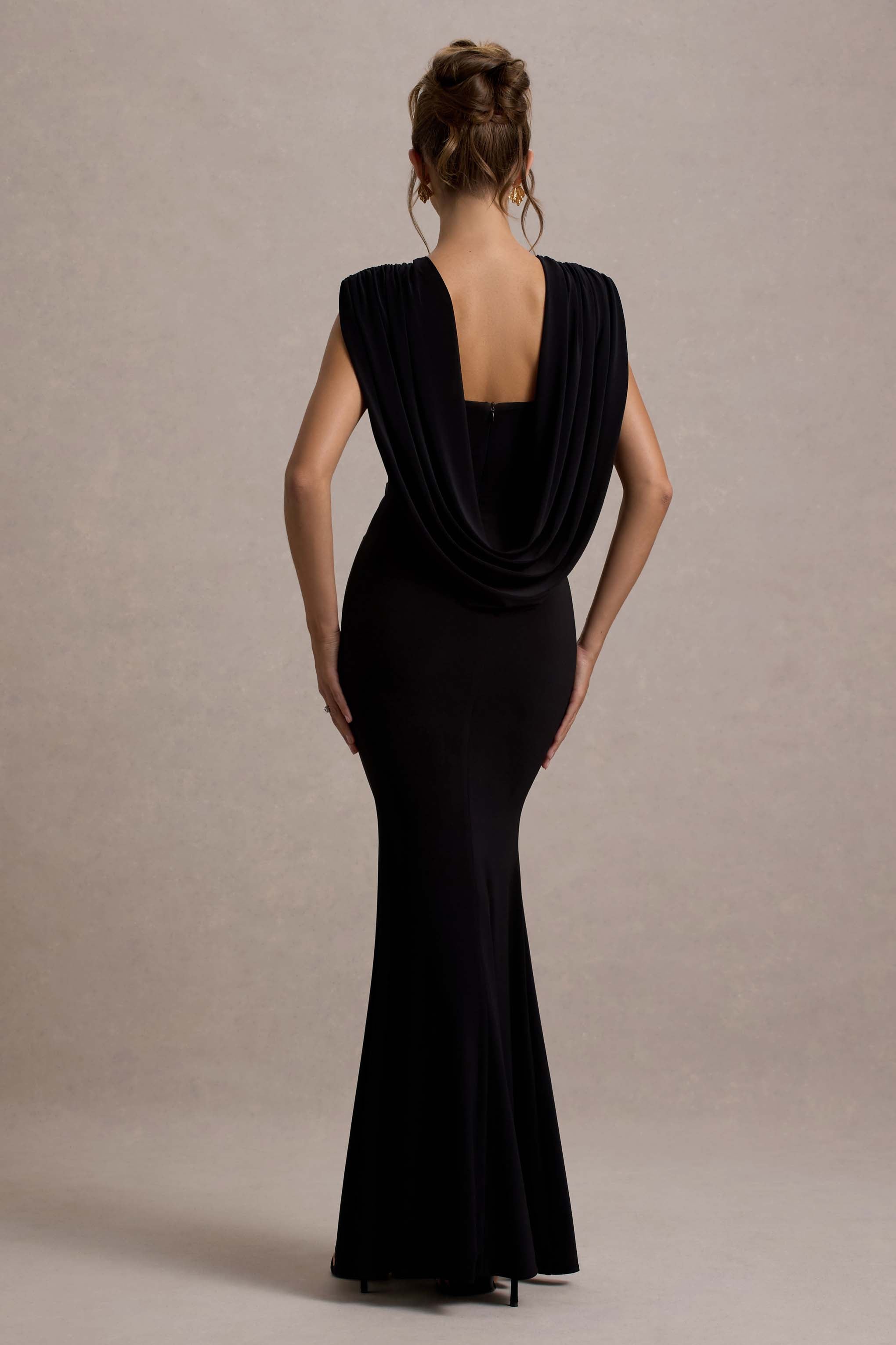 To The Moon | Black Cowl-Back Maxi Dress