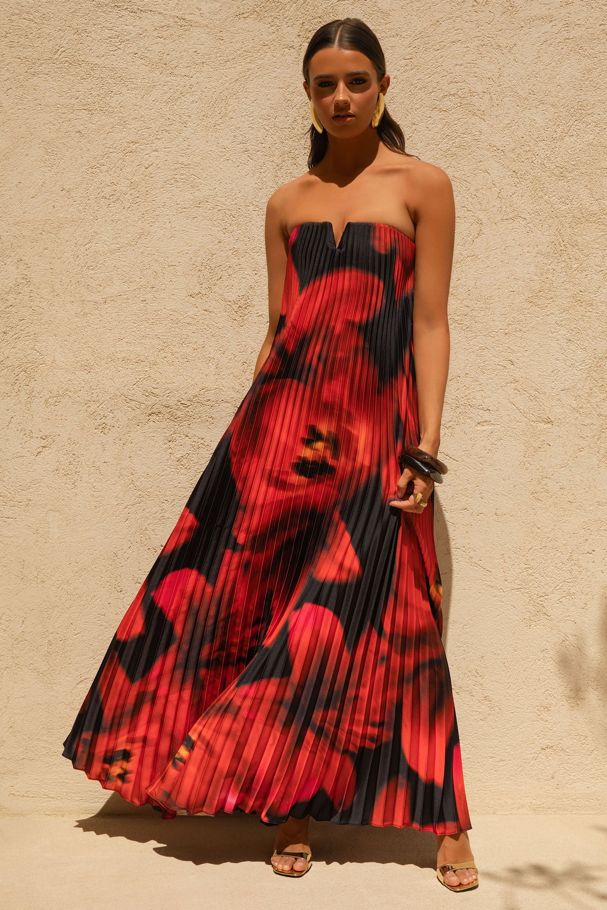 Bergamot | Black And Red Floral Print Satin Sweetheart Maxi Dress