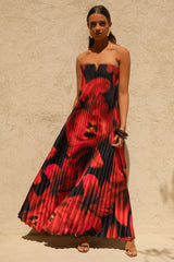 Bergamot | Black And Red Floral Print Satin Sweetheart Maxi Dress