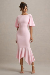 Ashling | Pink Flutter-Sleeve Hanky-Hem Midi Dress