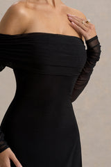 Flatter Me | Black Bardot Midi Dress With Mesh Sleeves