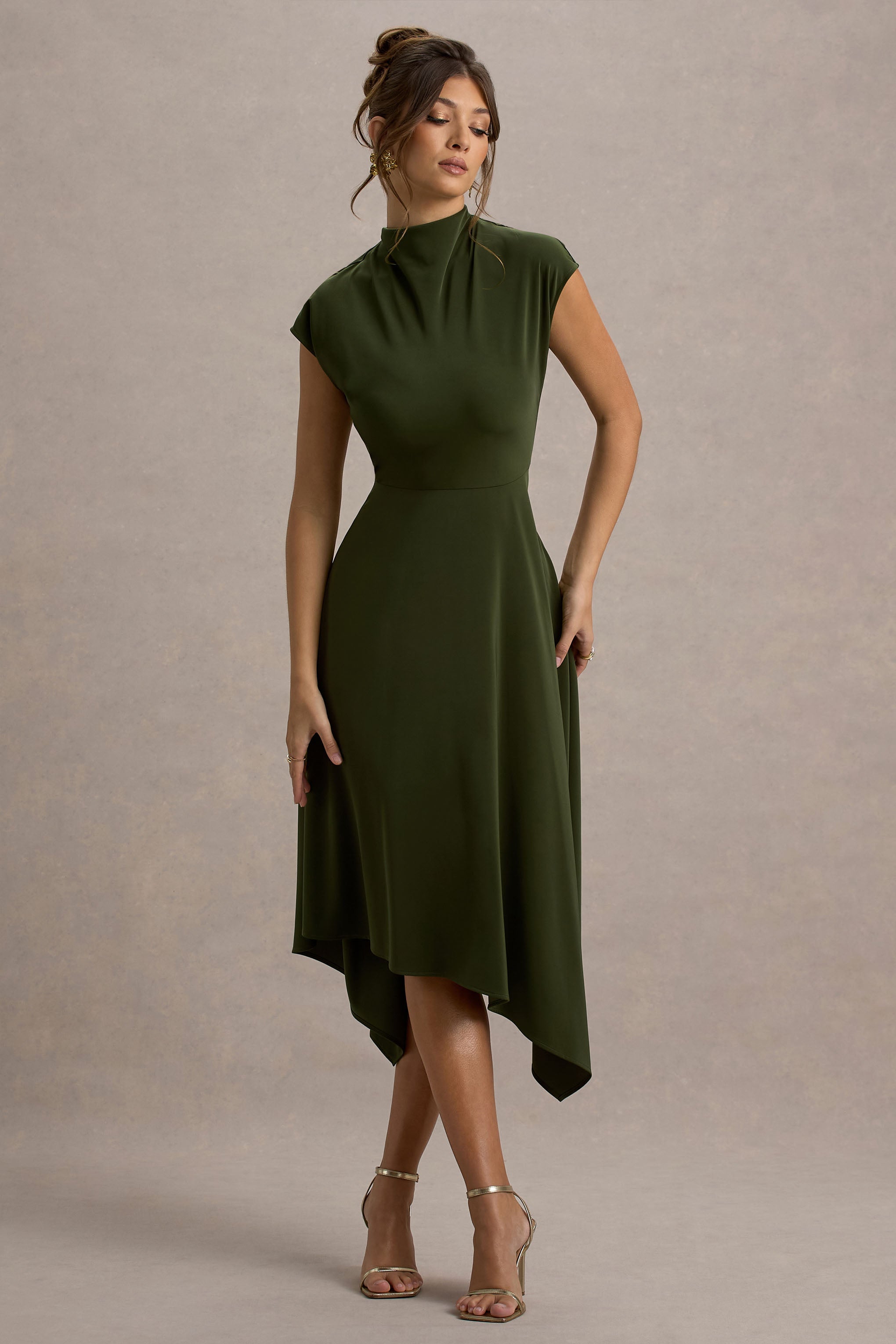 Velma | Olive Satin Midi Dress With Draped Hem