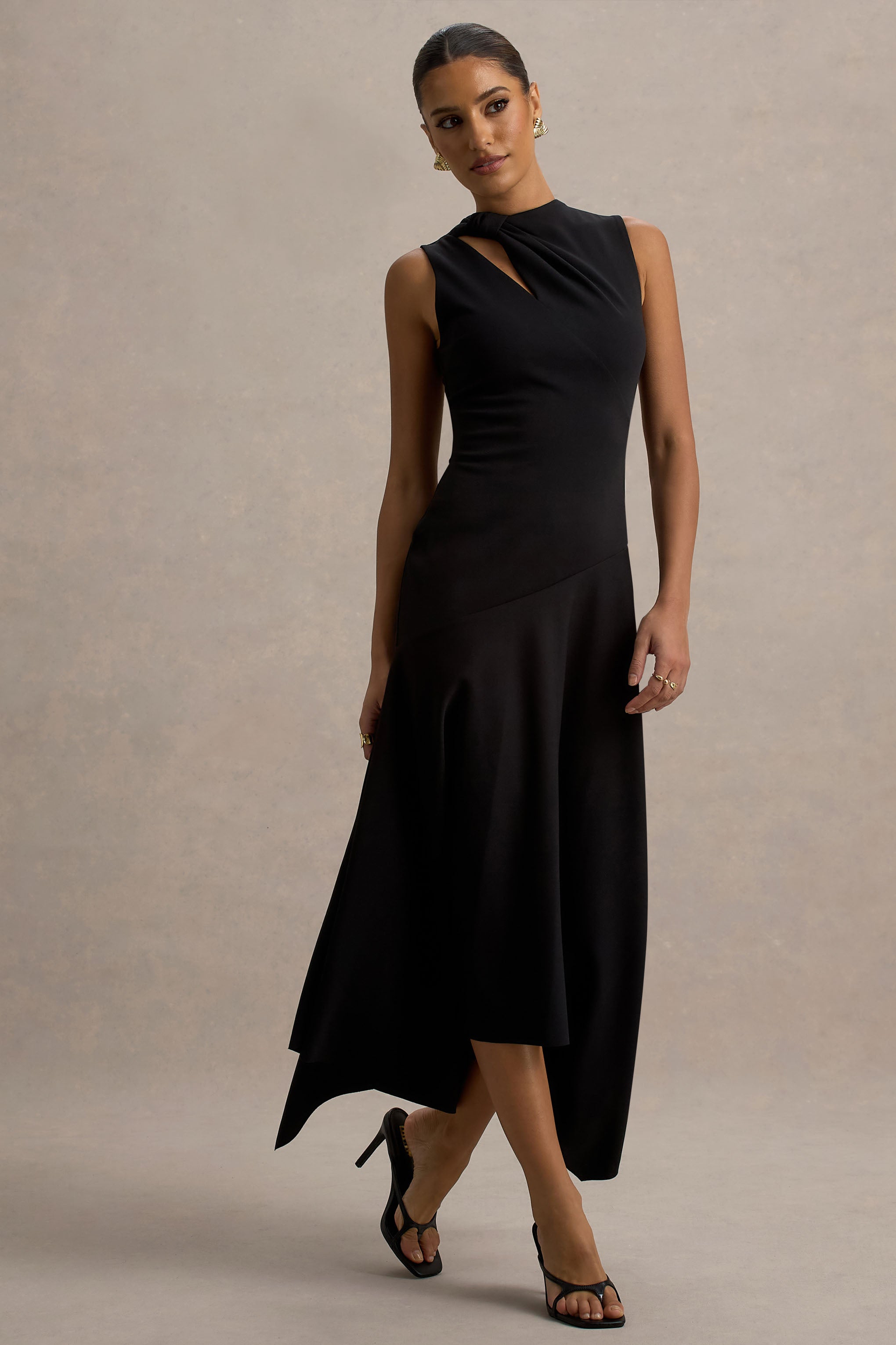 Francesca | Black Knotted Midi Dress With Handkerchief Hem