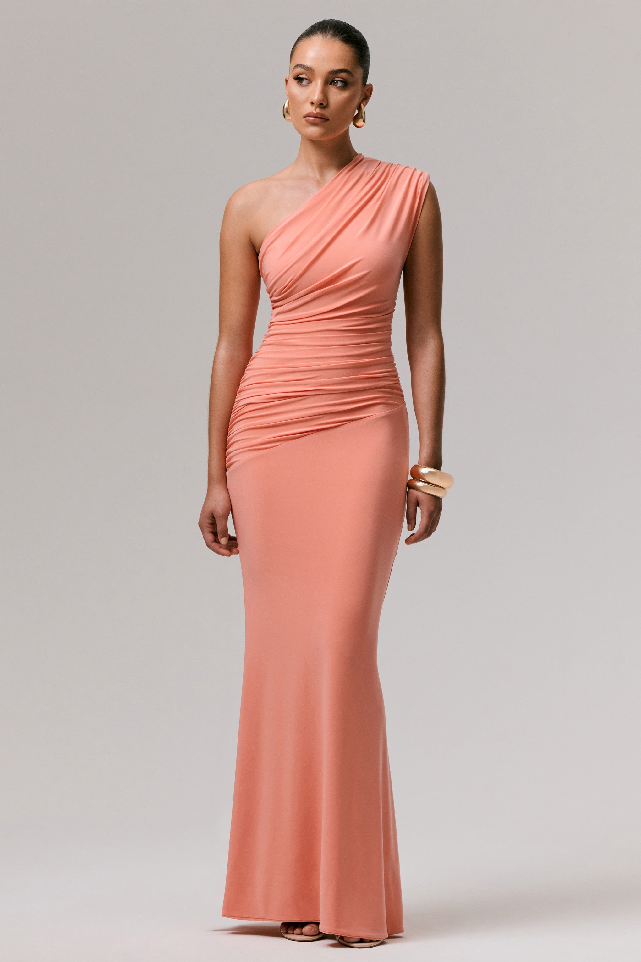 Mardi | Coral Asymmetric Maxi Dress With Ruching