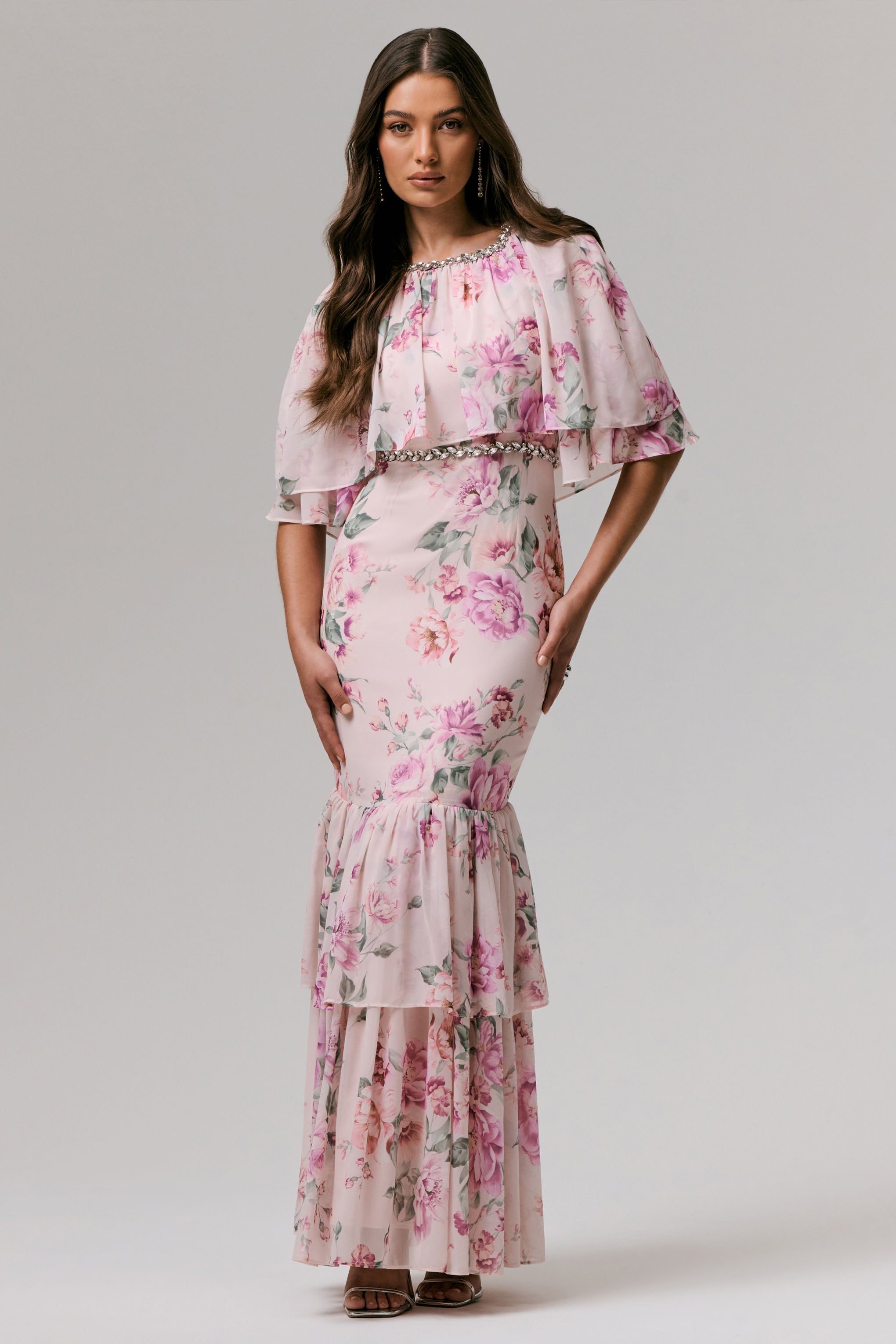 Never Let Go | Pink Floral Print Chiffon Maxi Dress With Tiered Hem