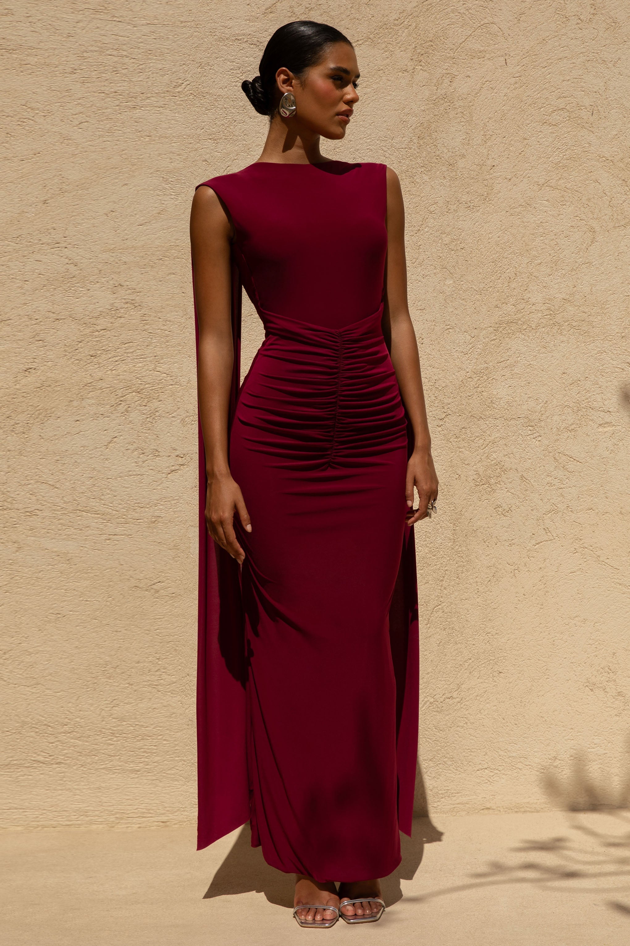 Saige | Burgundy Cap-Sleeve Gathered Maxi Dress