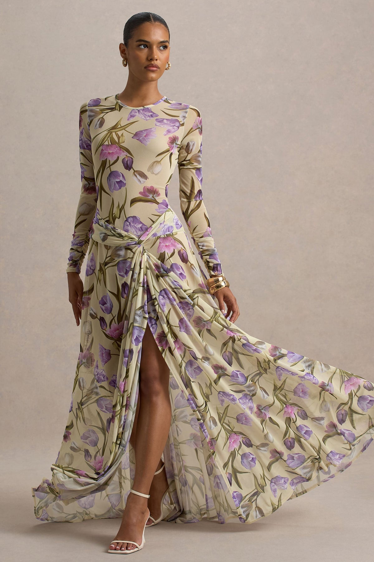 Koami | Yellow Floral Sheer Mesh Long-Sleeve Ruched Maxi Dress With High Split