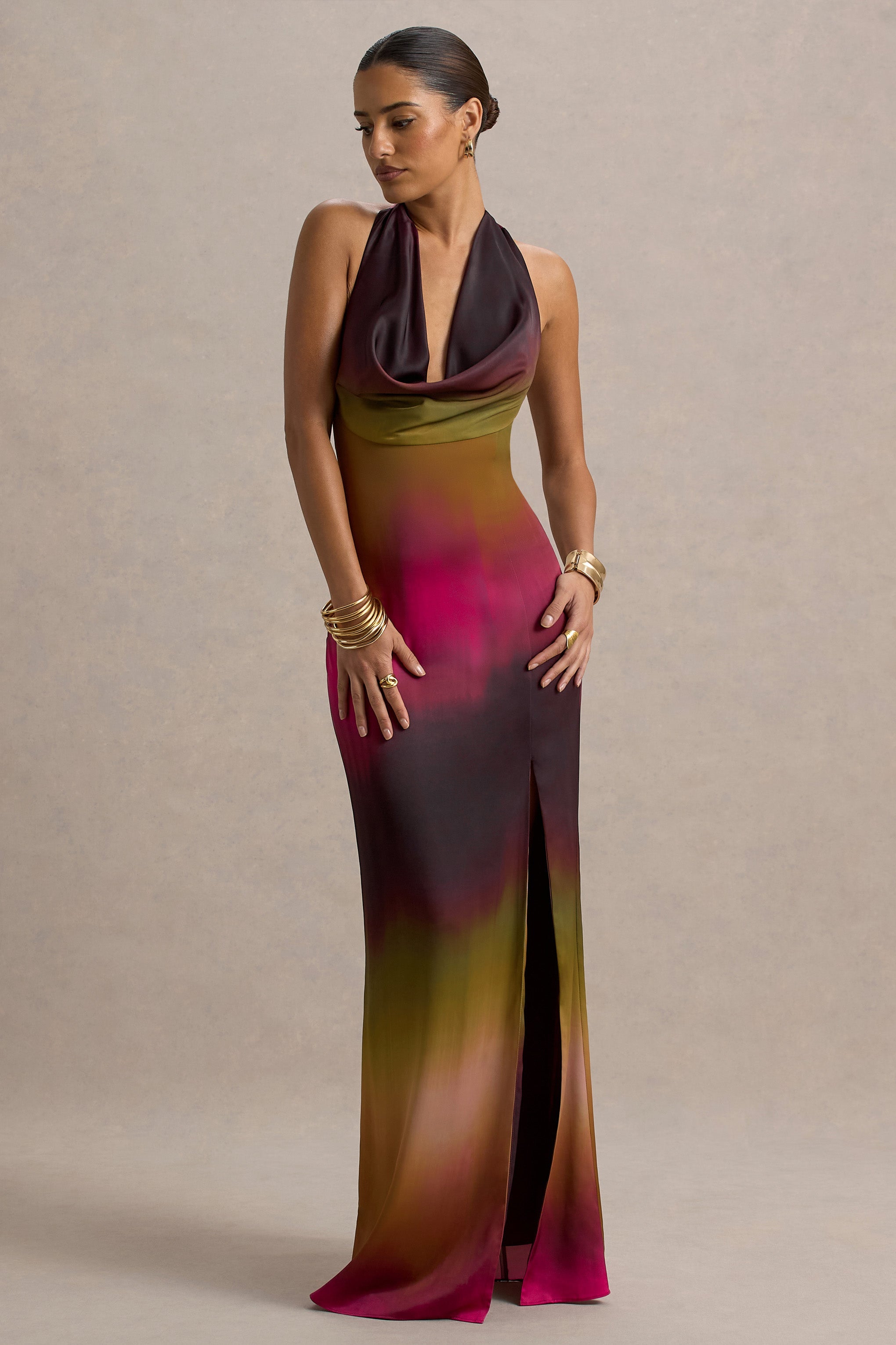 Fiorella | Ombre Print Cowl-Neck Split Maxi Dress