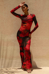 Marcy | Red And Black Floral Print High-Neck Maxi Dress