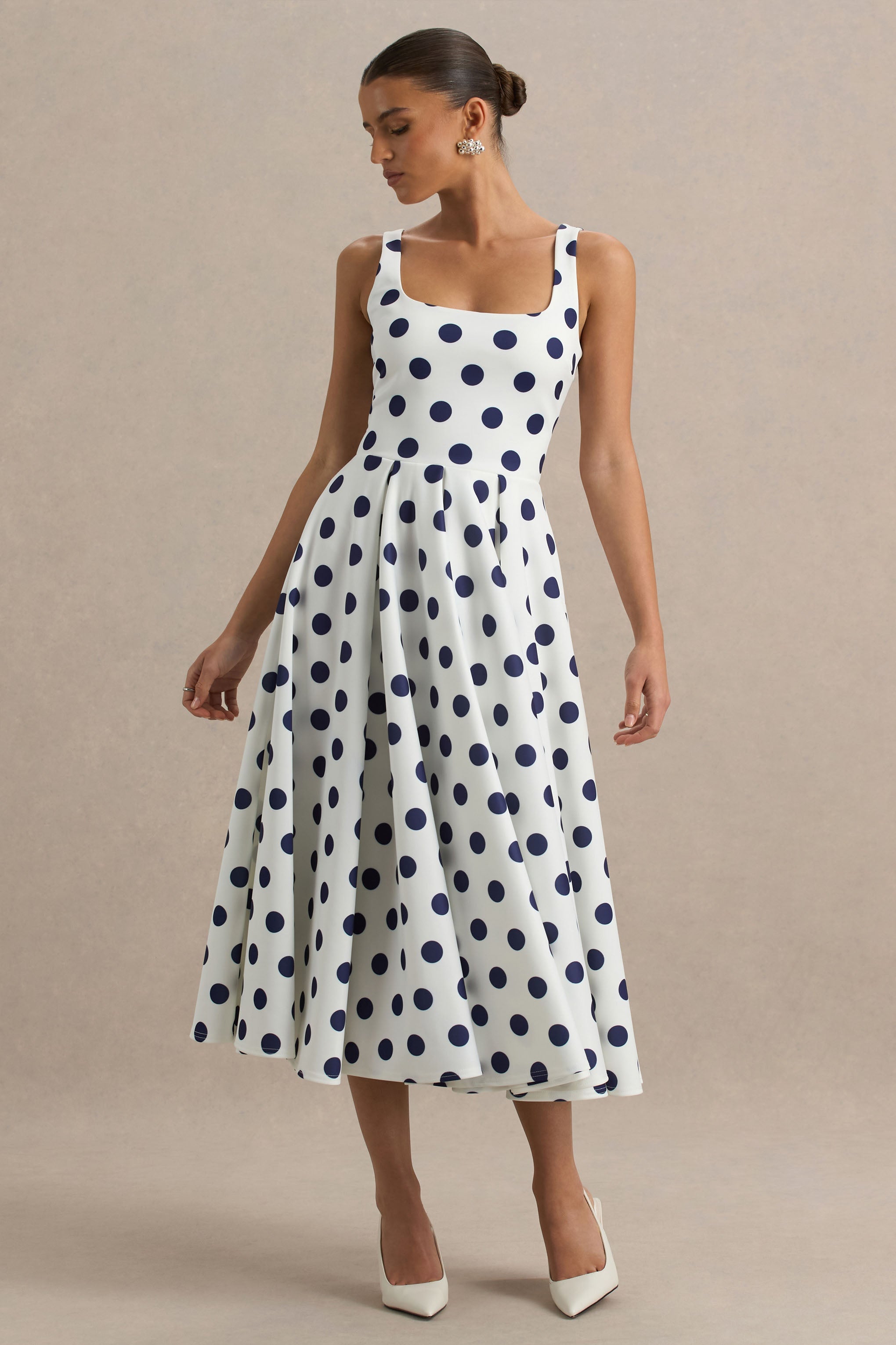Berta | White And Navy Polka-Dot Square-Neck Midi Dress