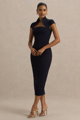 Elsie | Navy Cut-Out Neck Midi Dress With Short Sleeves