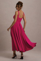Parina | Hot Pink Strappy Volume-Hem Midi Dress