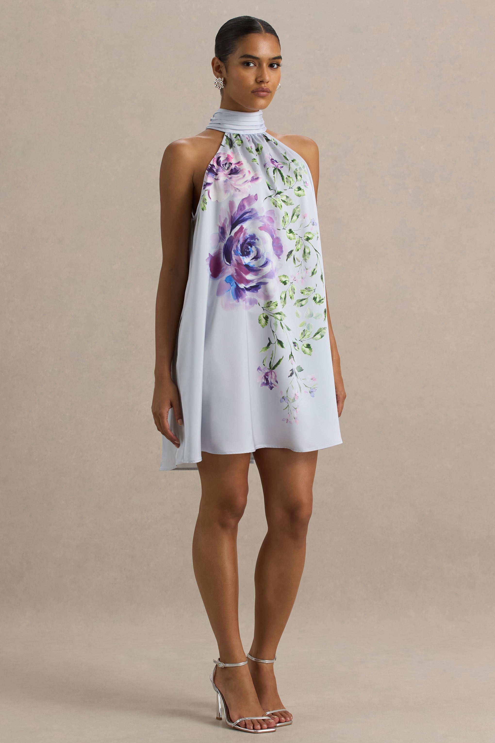 Evita | Powder Blue Rose Print High-Neck A-Line Mini Dress With Bow