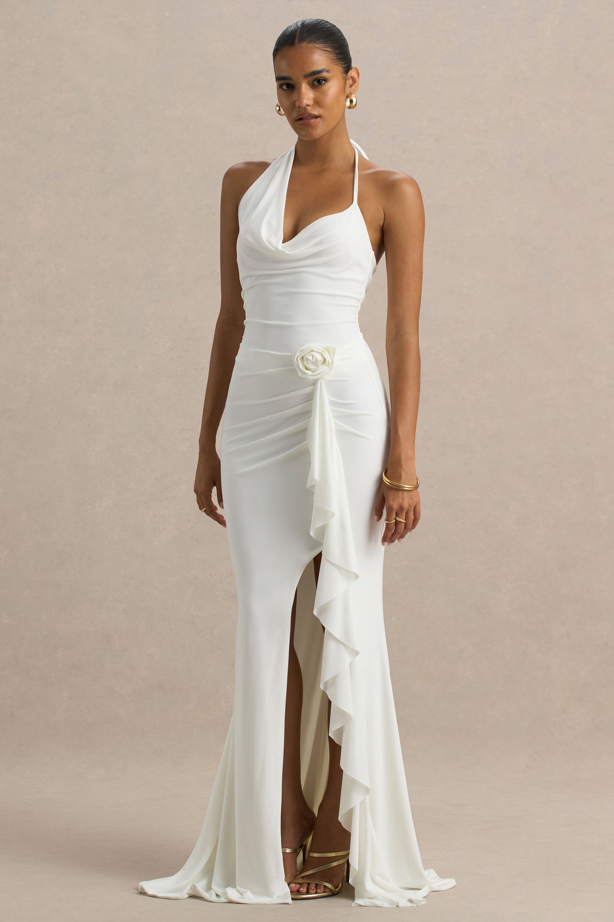 Lucena | White Cowl-Neck Maxi Dress With Corsage Detail And Front High Split