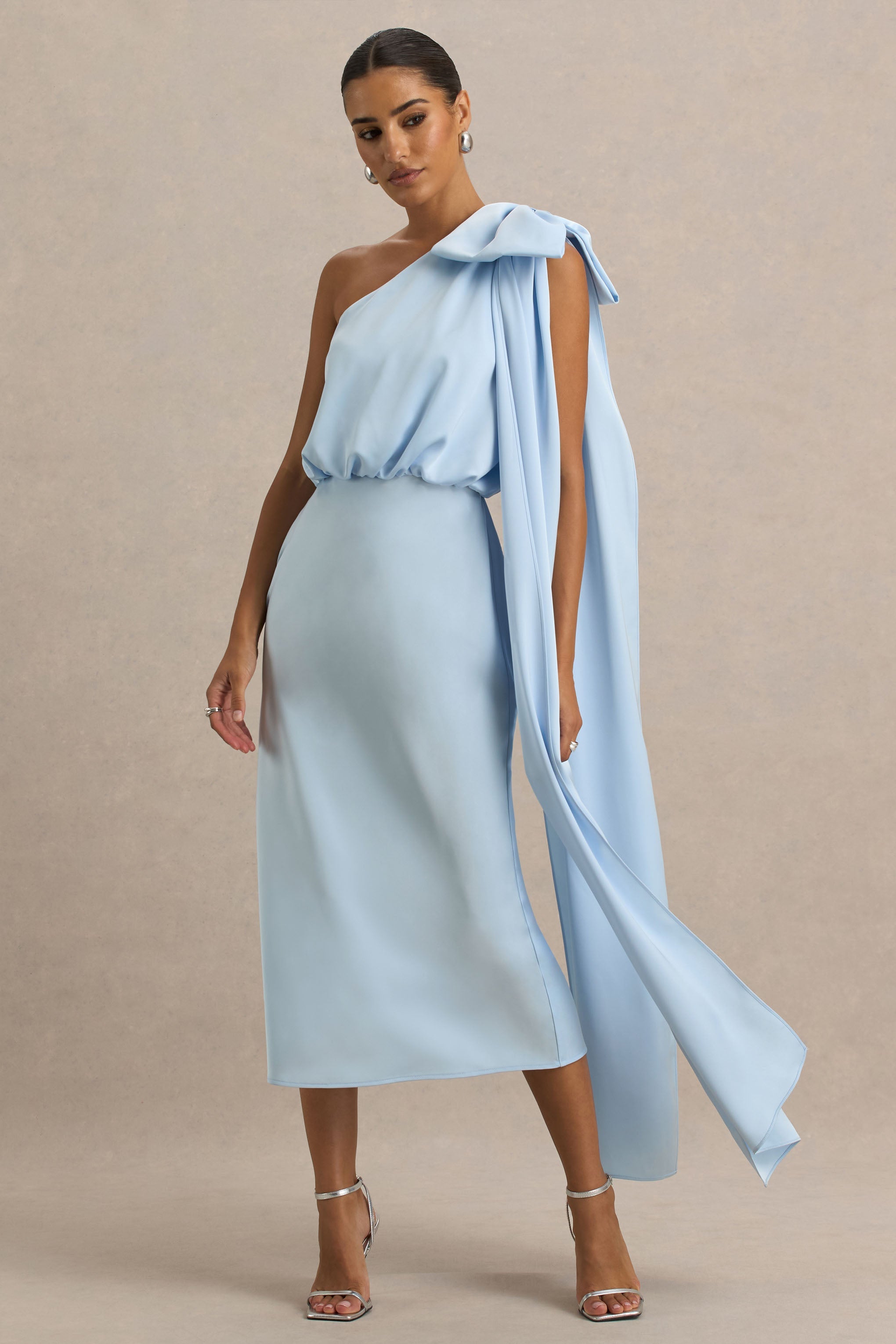 Celestia | Powder Blue Satin Asymmetric-Neck Midi Dress With Cape Detail