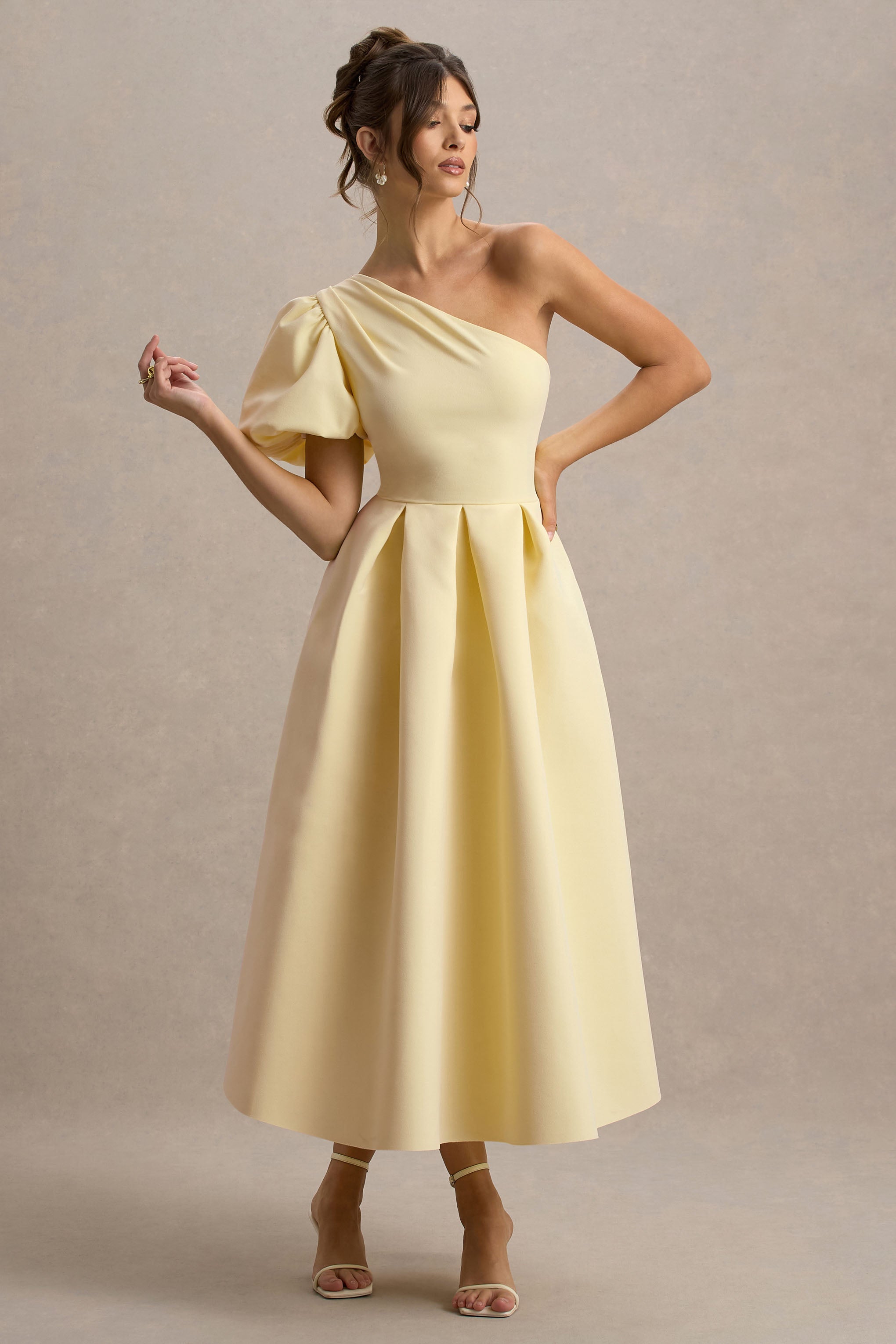Rochelle | Pale Lemon Asymmetric Puff-Sleeve Midi Dress