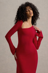 Serenita | Red Asymmetric Long-Sleeve Midi Dress