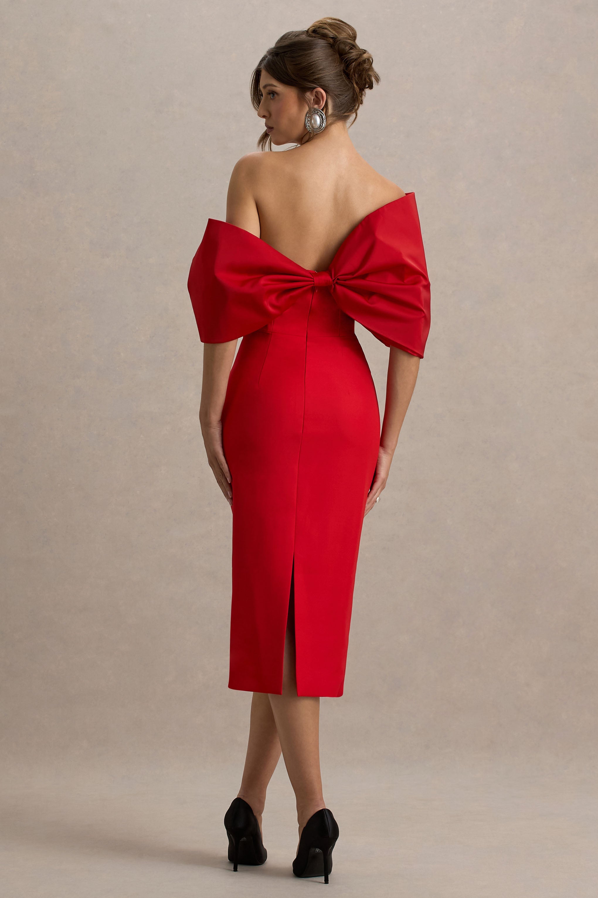 Lucille | Red Asymmetric Bardot Midi Dress