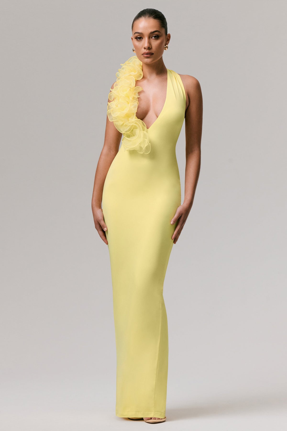 Harriet | Lemon Plunge-Neck Maxi Dress With Floral Detail