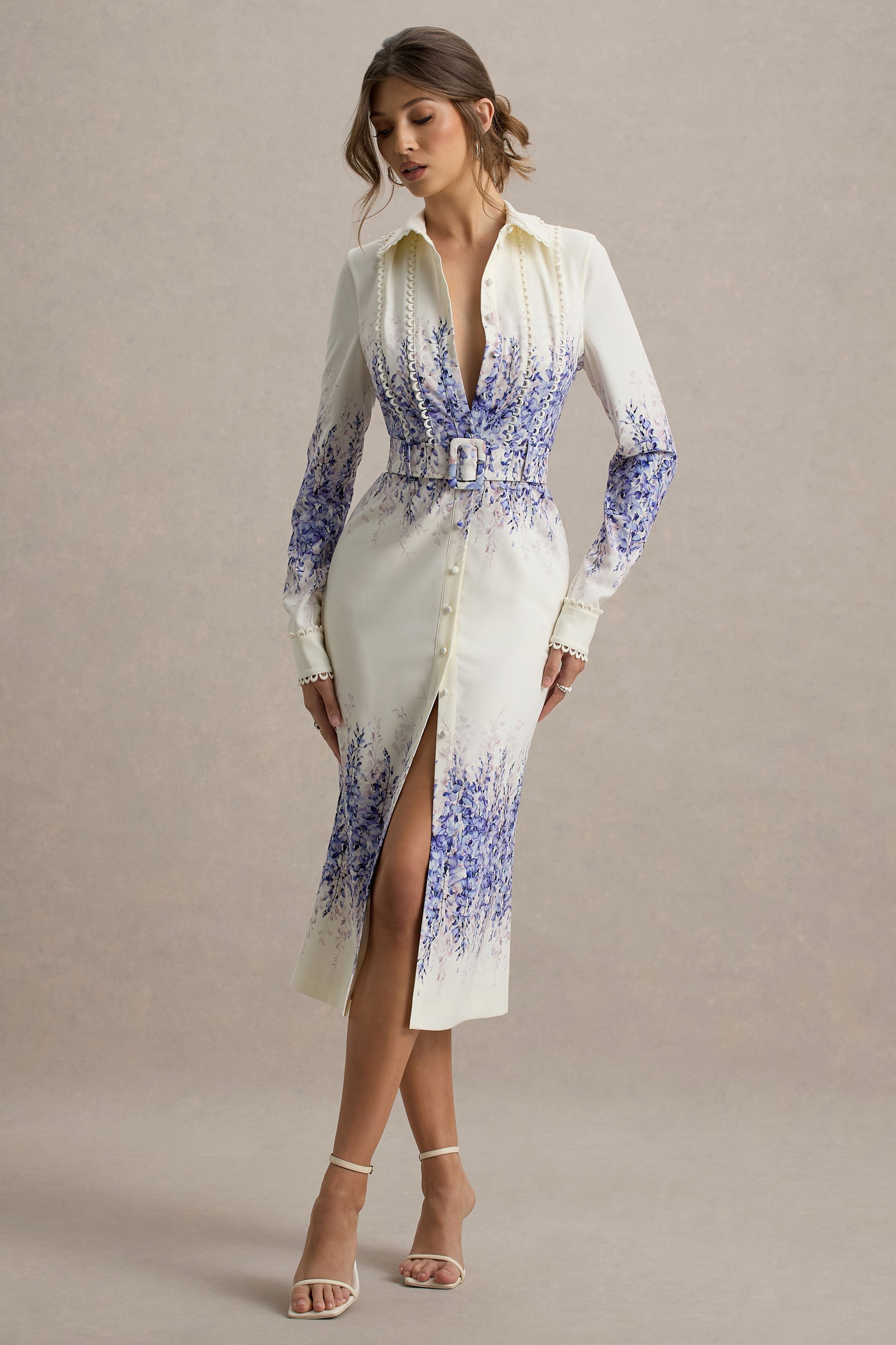 Zephy | Wisteria Print Belted Shirt Midi Dress