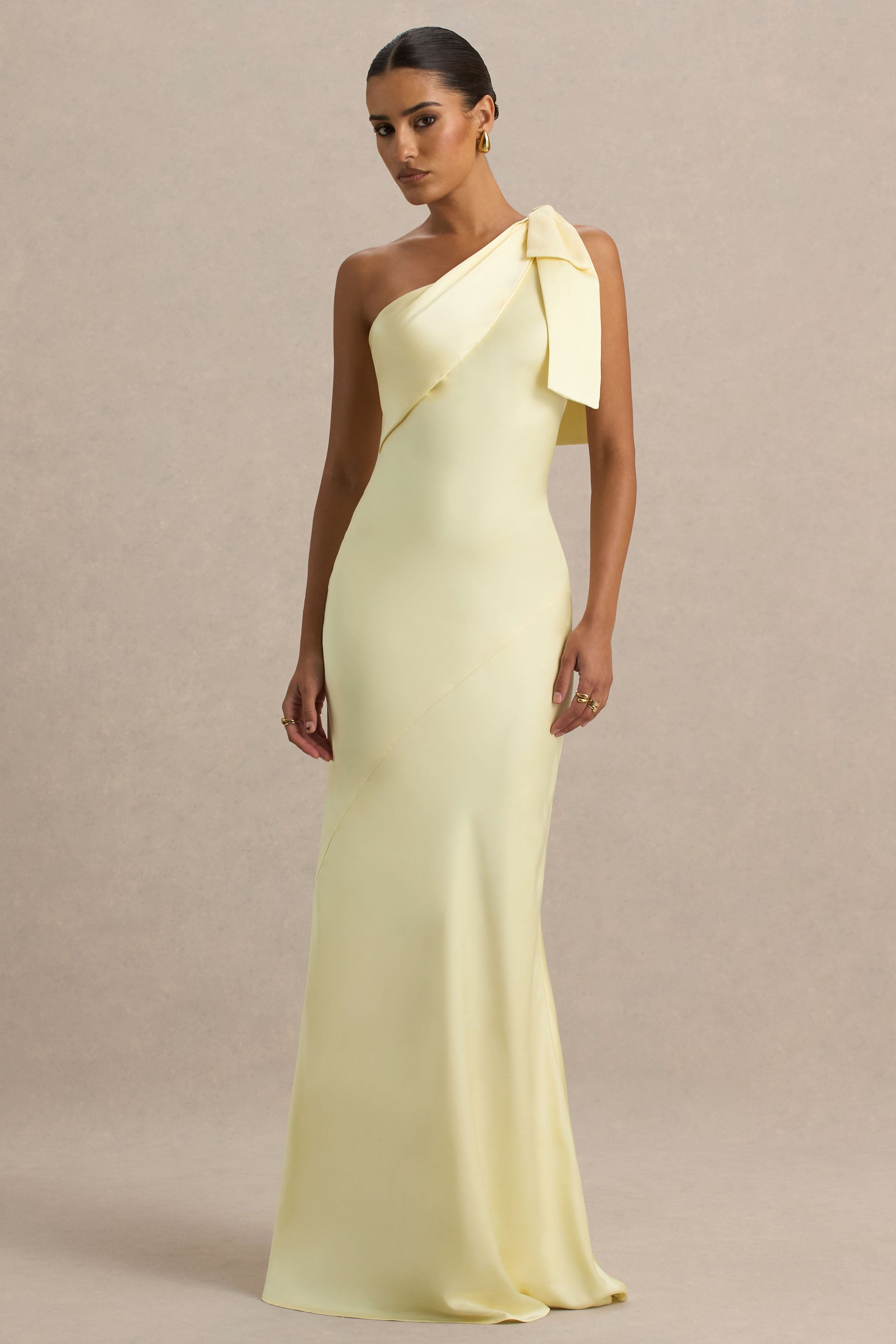 Valerie | Lemon Satin Asymmetric-Neck Maxi Dress With Bow Detail