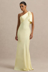 Valerie | Lemon Satin Asymmetric-Neck Maxi Dress With Bow Detail