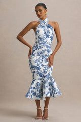 Sonoma | Blue Porcelain Print Halter-Neck Ruffle-Trim Midi Dress