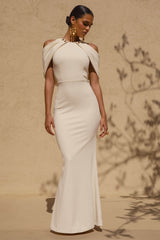 Yulia | Sand High-Neck Maxi Dress With Cape Sleeves