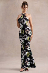 Tuscany | Black Floral Print Halter-Neck Split Maxi Dress