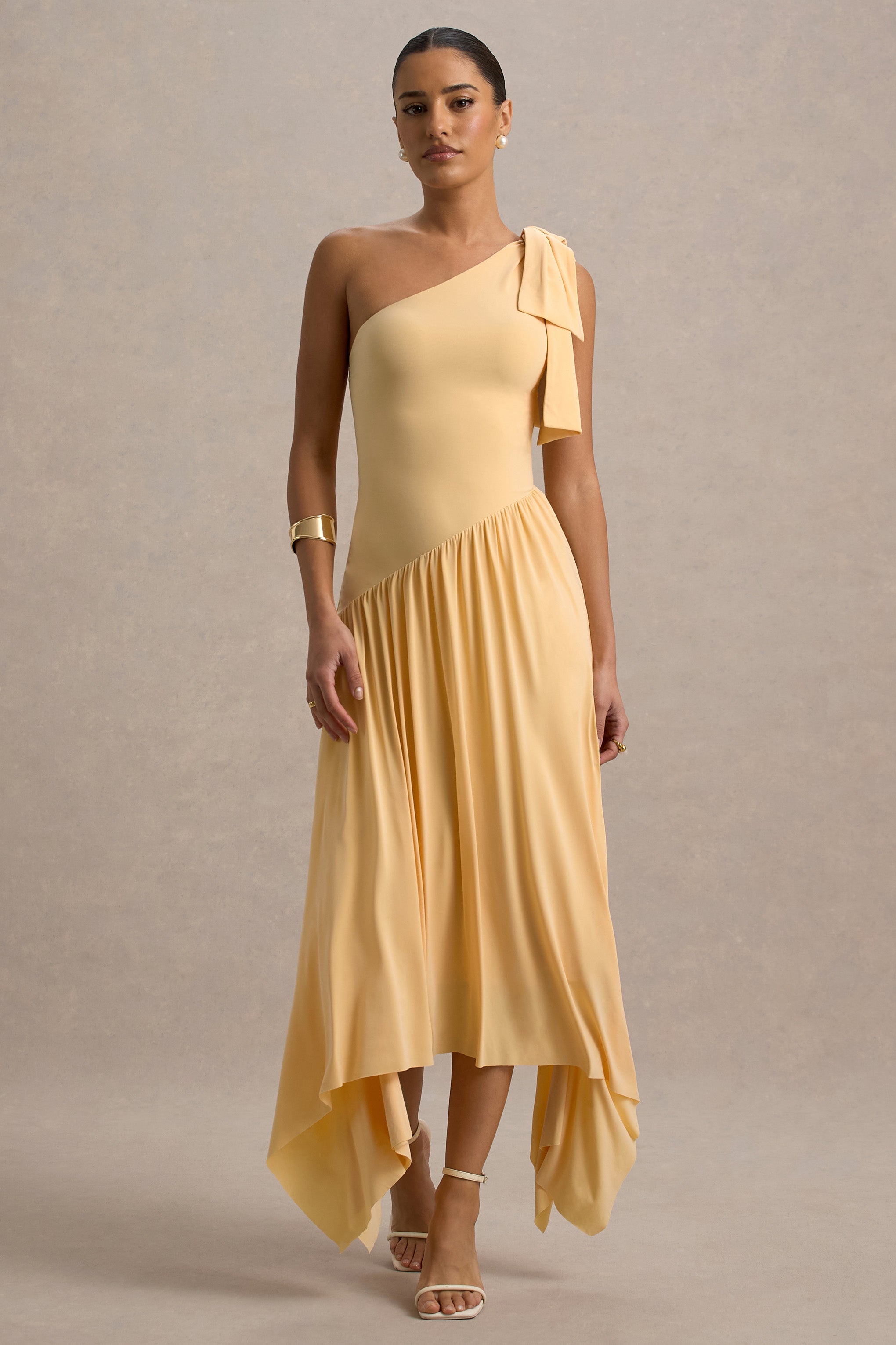 Lotus Love | Orange One-Shoulder Hanky-Hem Maxi Dress With Bow