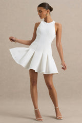 Leilani | White Racer-Neck Mini Dress With Ruffling Detail
