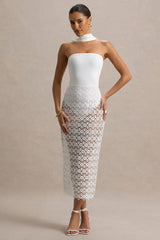 Tamala | White High-Neck Midi Dress With Lace Skirt