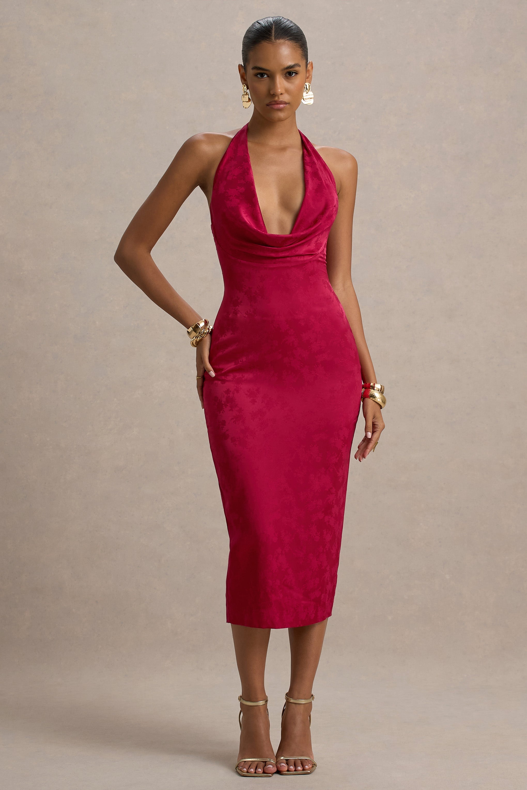 Aine | Red Satin Jacquard Cowl-Neck Midi Dress