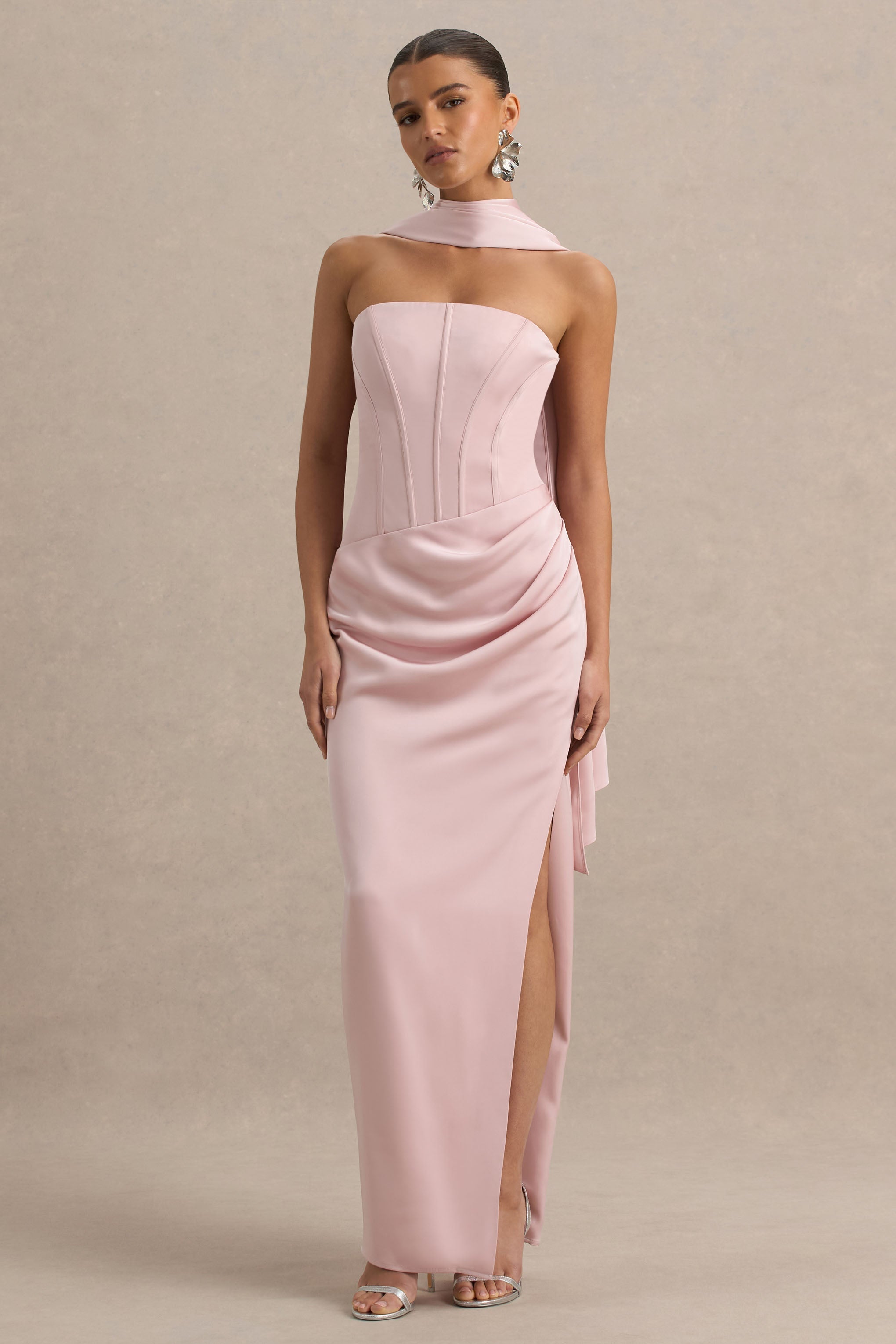 Joseline | Pale Pink Satin Corset Wrap Maxi Dress With Scarf