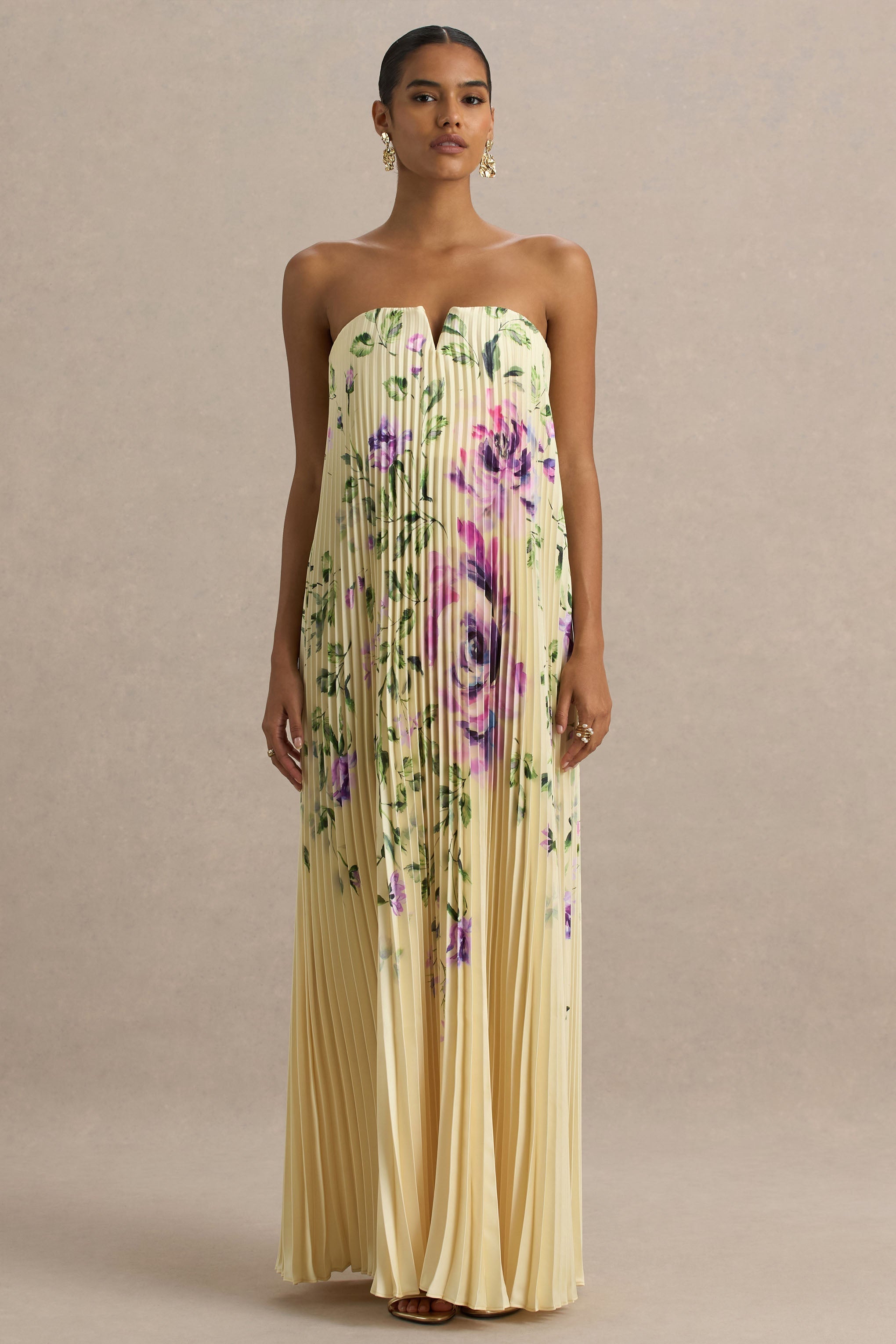 Bergamot | Lemon Rose Print Satin Sweetheart Maxi Dress
