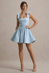 Bethani | Light Blue Skater Mini Dress With Bow Straps