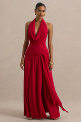 Mist | Red Plunge-Neck Maxi Dress With Sash Detail And Front High Split