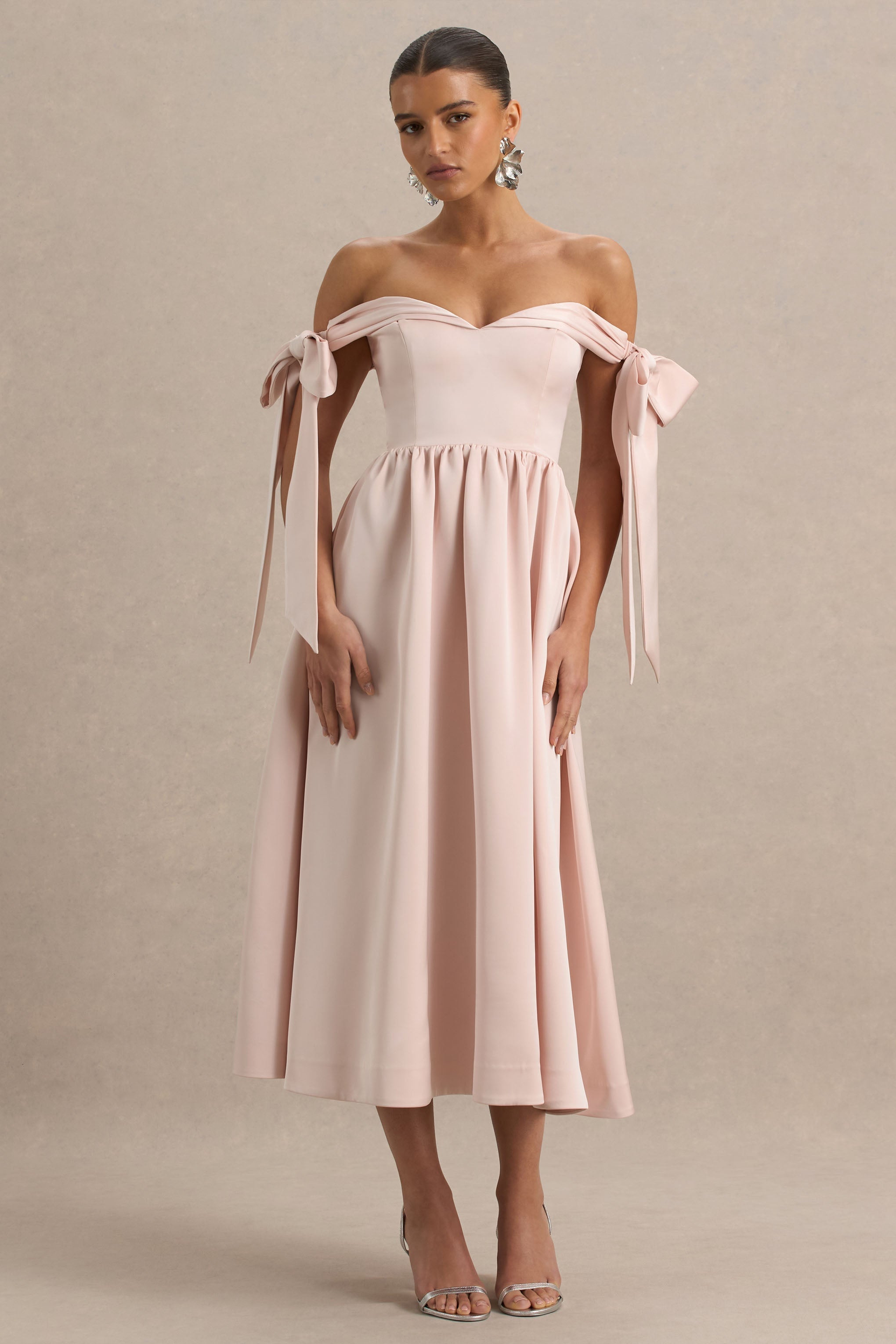 Agafay | Rose Pink Satin Short-Sleeve Bardot Wrap Midi Dress With Bow Detail