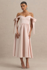 Agafay | Rose Pink Satin Short-Sleeve Bardot Wrap Midi Dress With Bow Detail