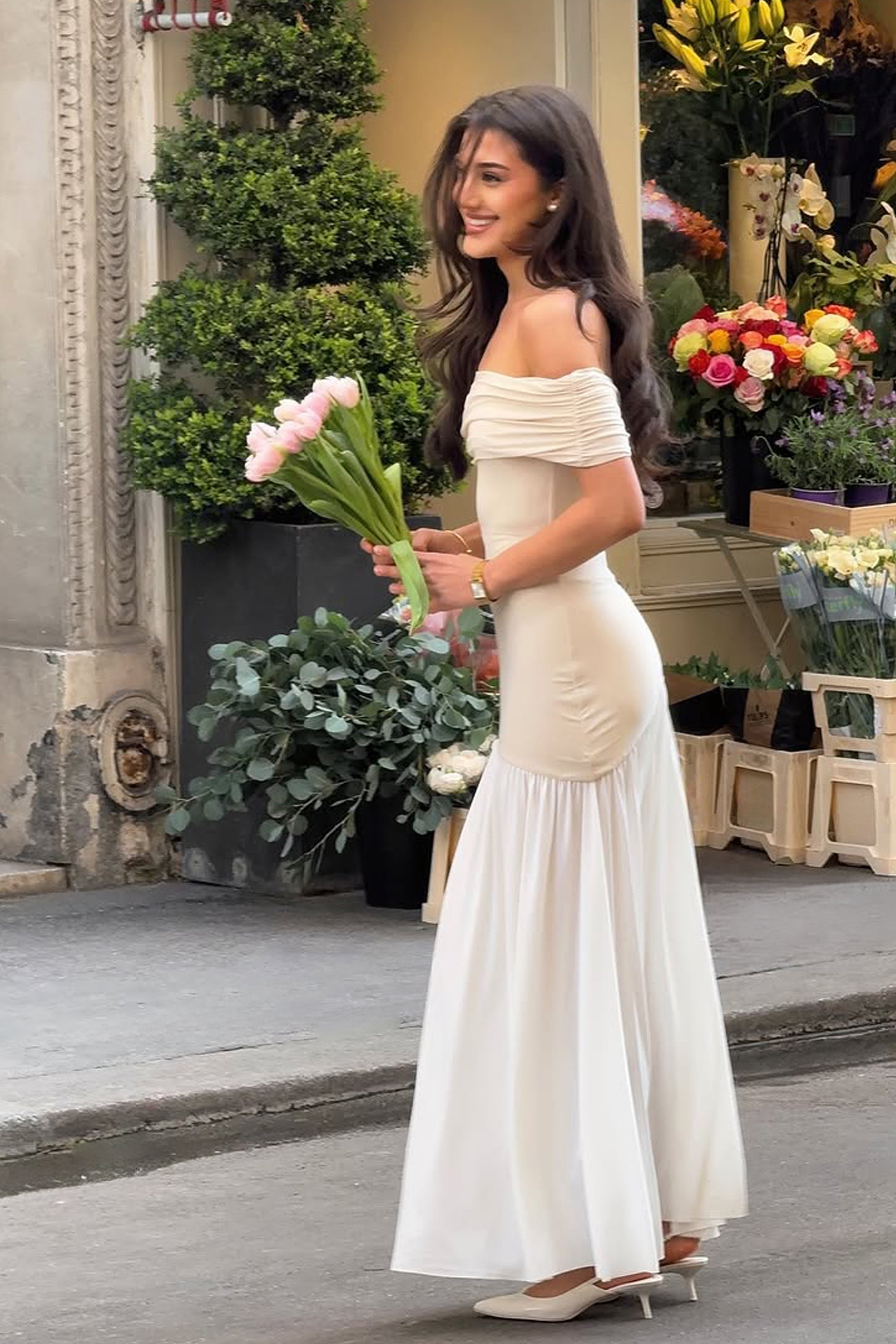 Venezia | Stone & White Bardot Puff-Skirt Maxi Dress