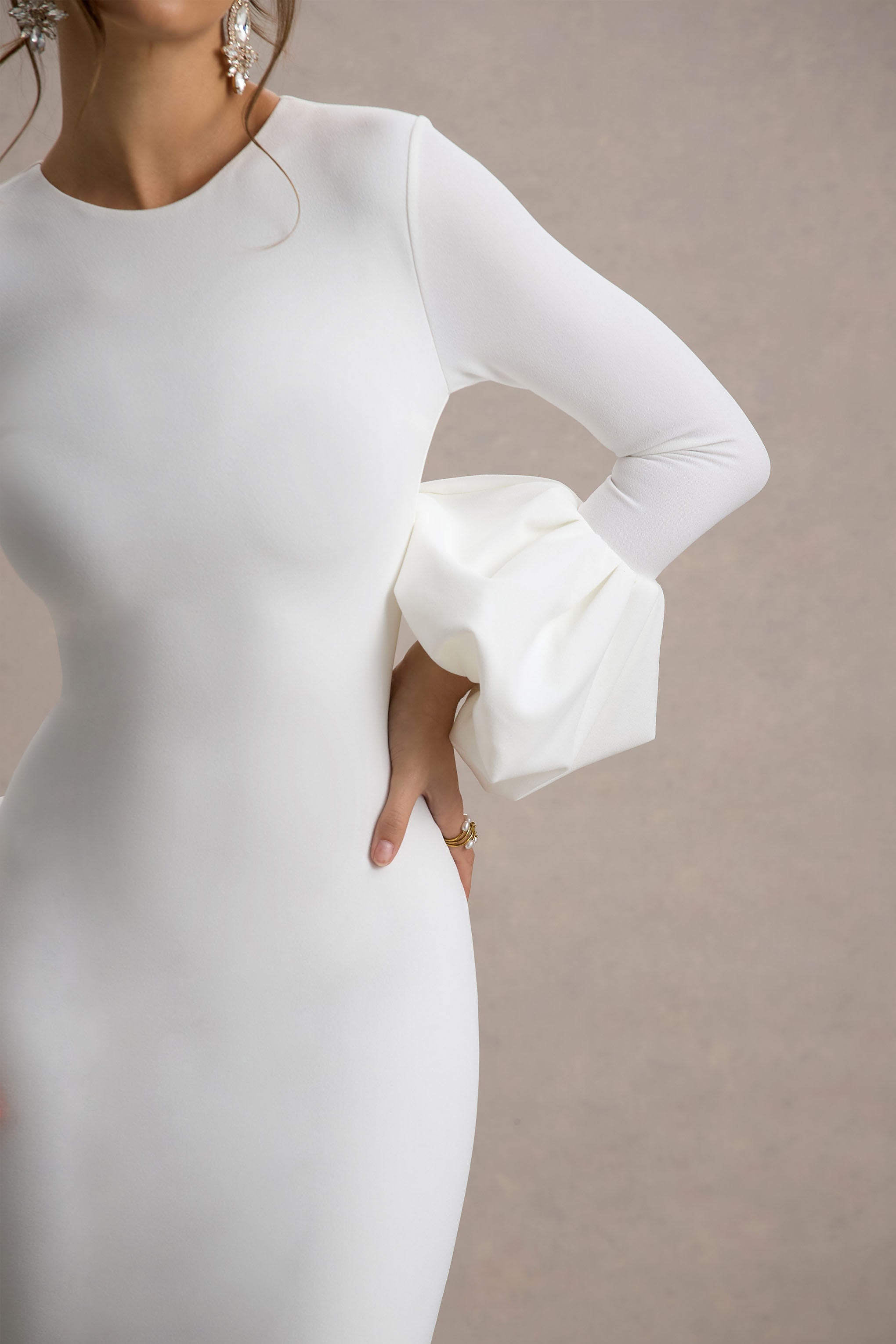 Celie | White Long-Sleeve Midi Dress With Puff Cuffs