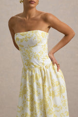 Bluebell | Lemon Porcelain Print Poplin Bandeau Drop-Waist Midi Dress