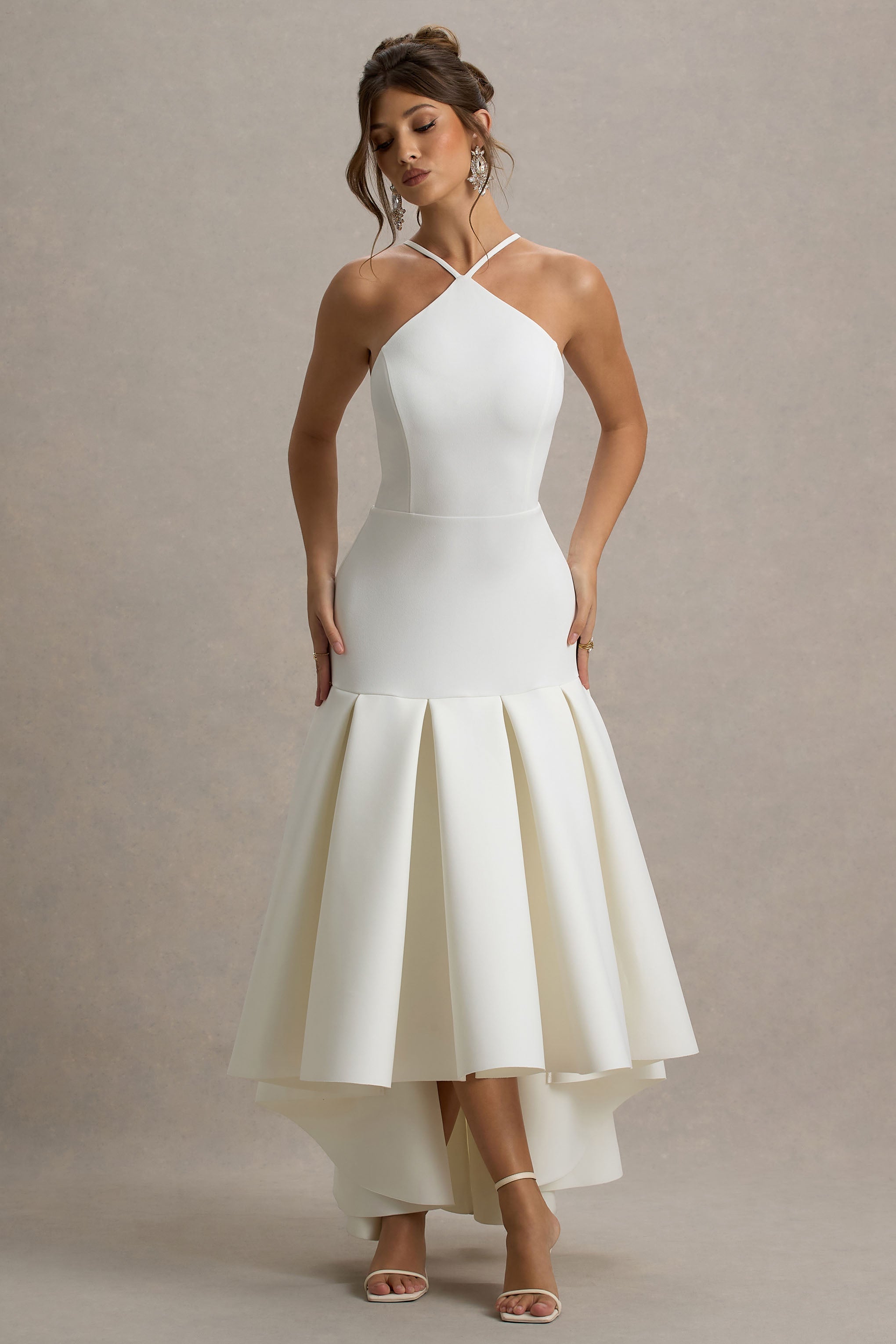 Mavis | Cream Halter-Neck Maxi Dress With High-Low Skirt