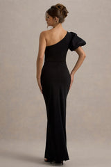 Vittoria | Black Asymmetric Puff-Sleeve Split Maxi Dress