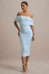 Rayleigh | Powder Blue Bardot Ruched Midi Dress