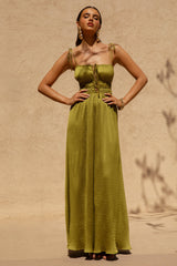 Azalea | Green Square-Neck Maxi Dress With Chest Cut-Out And Pleated Detailing