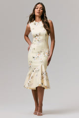 Priceless | Lemon Print High-Neck Fishtail Midi Dress