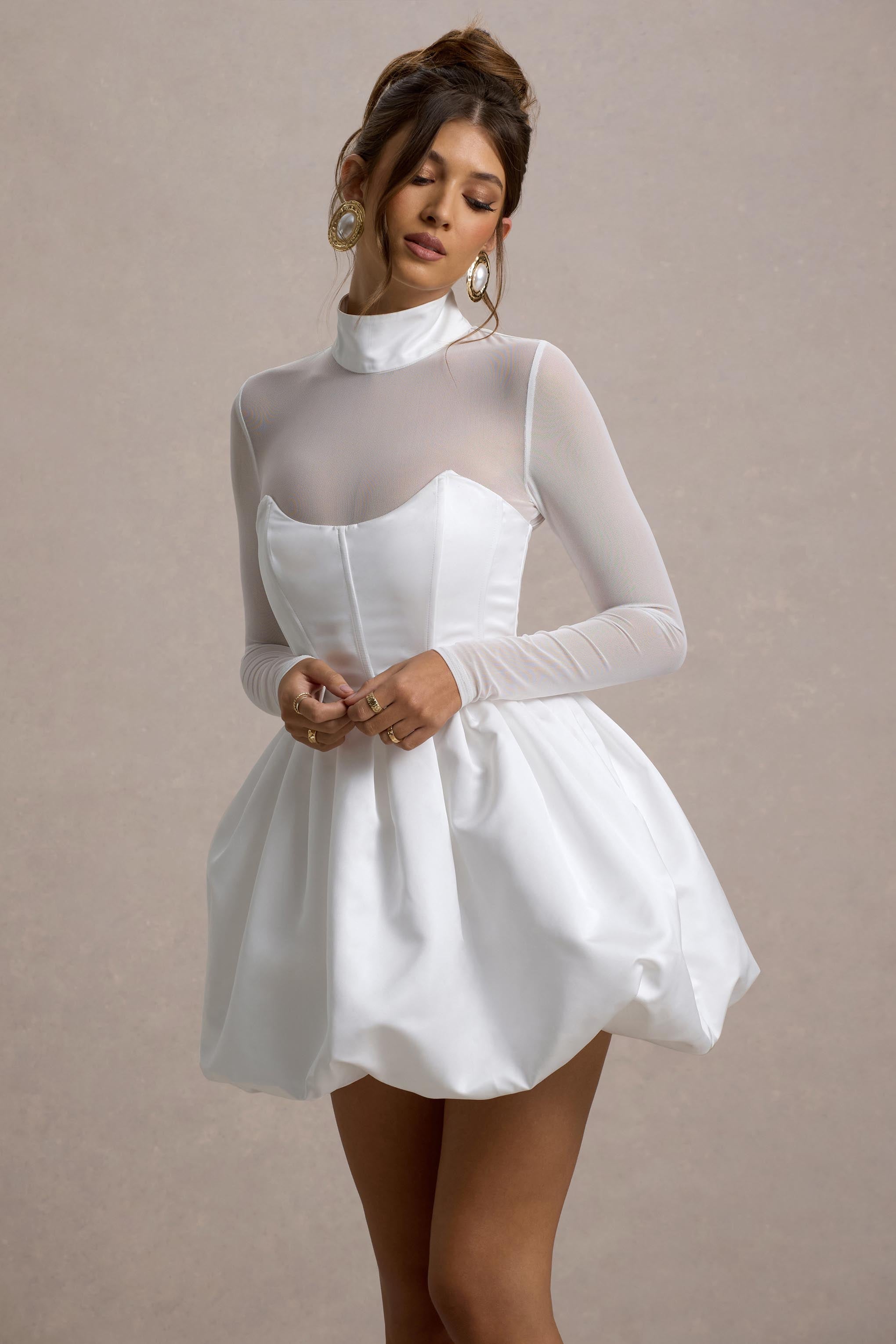 Tinkerbell | White Satin Long-Sleeve Puffball Mini Dress